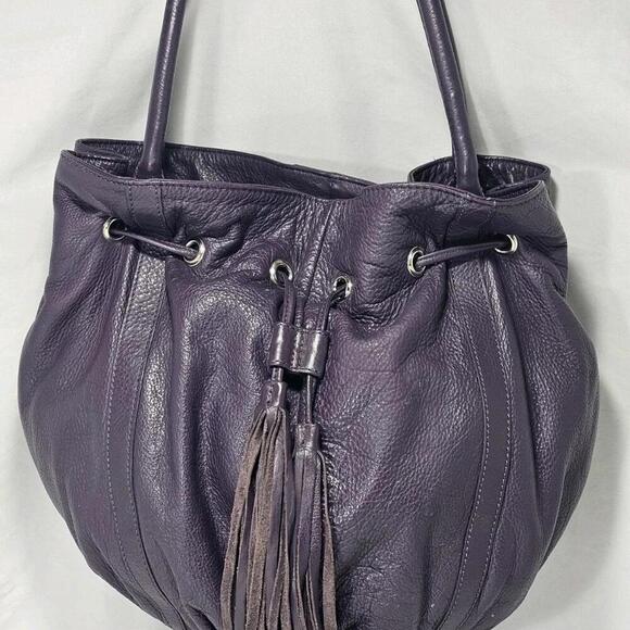 Vintage Sylvain Lefebvre Purple Leather Shoulder Bag Purse Drawstring Tassels - Picture 1 of 15